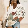 Women Plus Size V Neck Long Sleeve White Star Moon Printed Top Curved Hem With Pockets