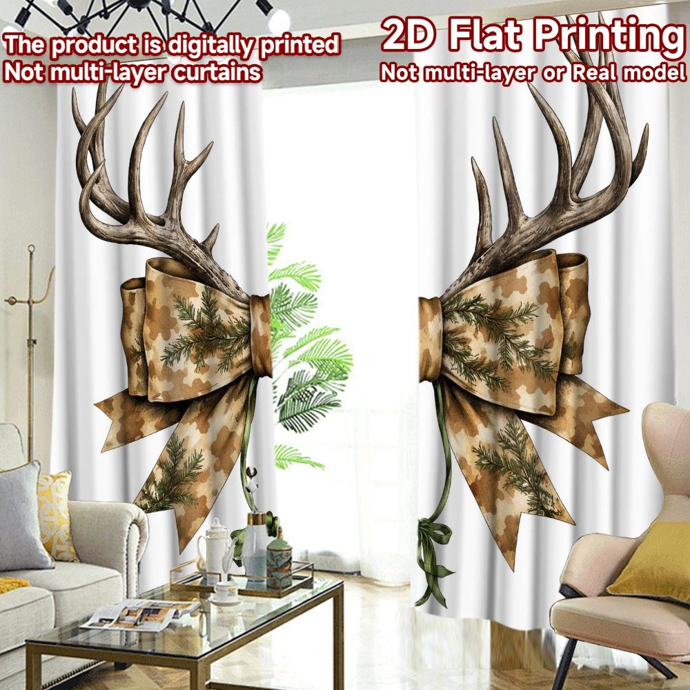 2D FLAT PRINTING 2pcs Curtains (Without Rod) Christmas Antler Ribbon Bow Chic Curtain Cloth Versatile Polyester Fabric Curtains
