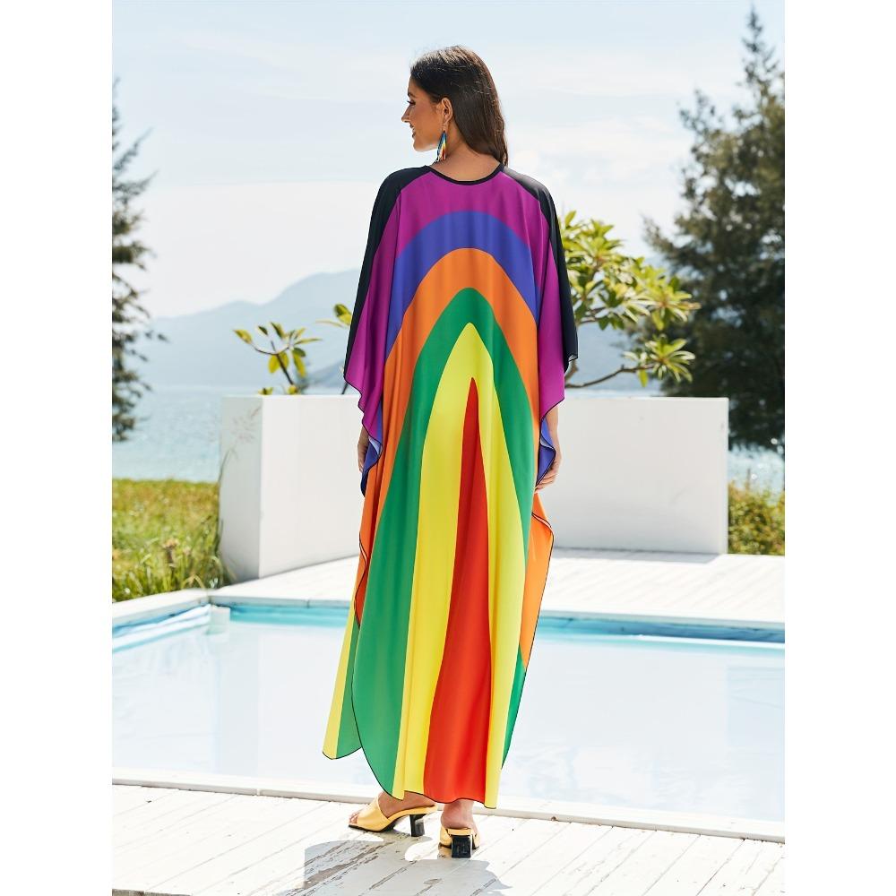 Women's Boho Cover Up, Plus Size Rainbow Colorful Braided Detail V Neck Batwing Sleeve Maxi Beach Kaftan Dress