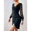 Women Sexy Slim Fit Lace Mesh Long Sleeve V Neck Bodycon Midi Dress