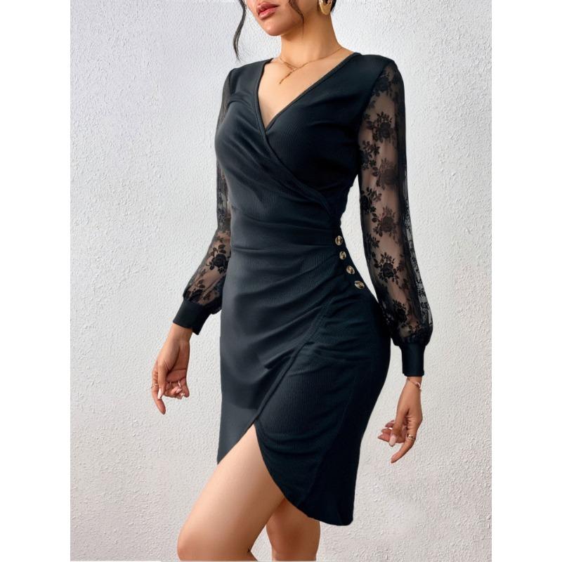 Women Sexy Slim Fit Lace Mesh Long Sleeve V Neck Bodycon Midi Dress