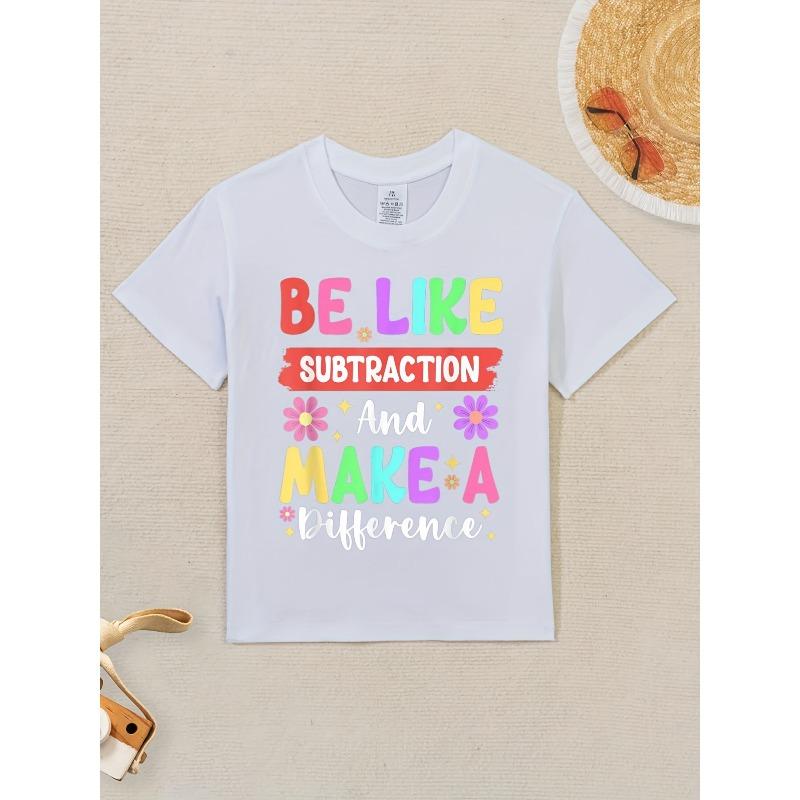 Tailles européennes T-shirt graphique pour enfants sur le thème des mathématiques « Sois comme la soustraction & Fais la différence » - Design coloré - Inspiré