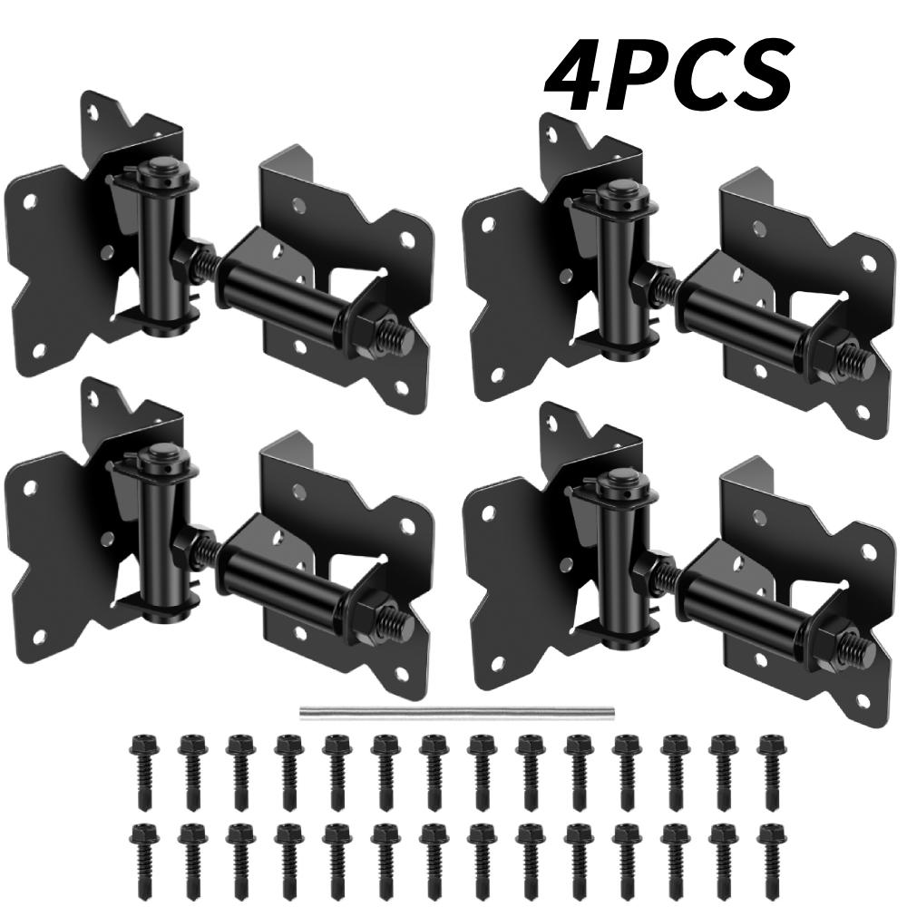 4PCS Self Closing Gate Hinges Heavy Duty with Installation Screws and Swing Adjuster Tool 90 Degree Adjustable Hinges for Fence