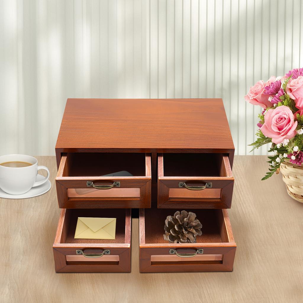 Vintage Dark Brown Wooden Desk Organizer with 4 Drawers - Desktop Storage Cabinet for Office & Home - Compact Size 11.8x7x6In