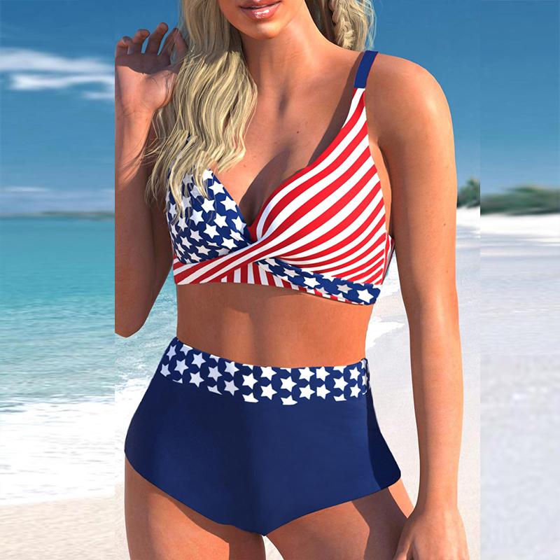 Women's Halter Two Thick Stripes Print Bikini Tankini Swimsuit