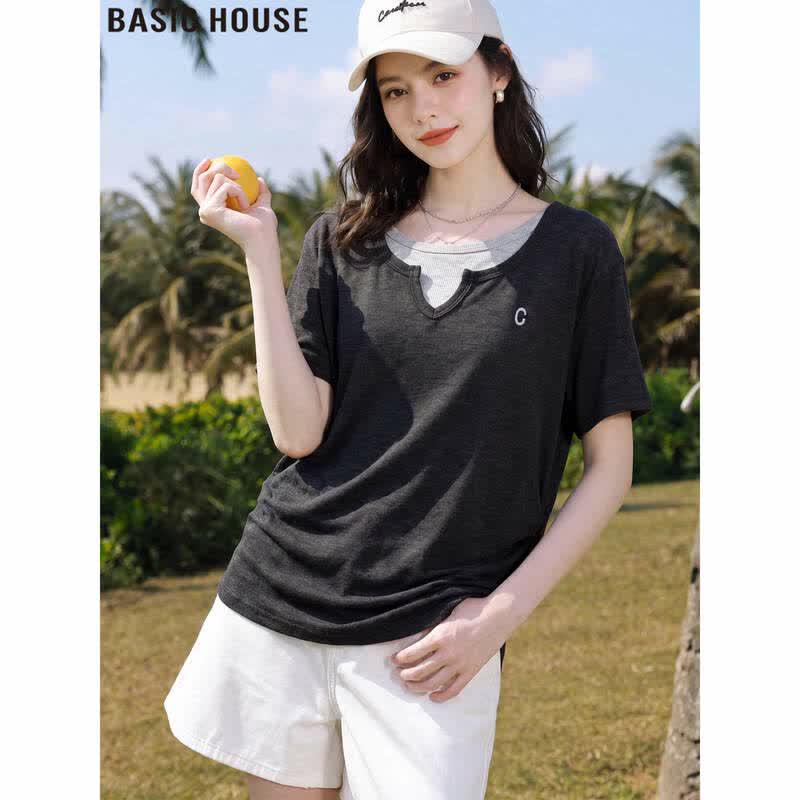 Basic House Women s Faux Two-Piece Ice Silk T-Shirt 2XL