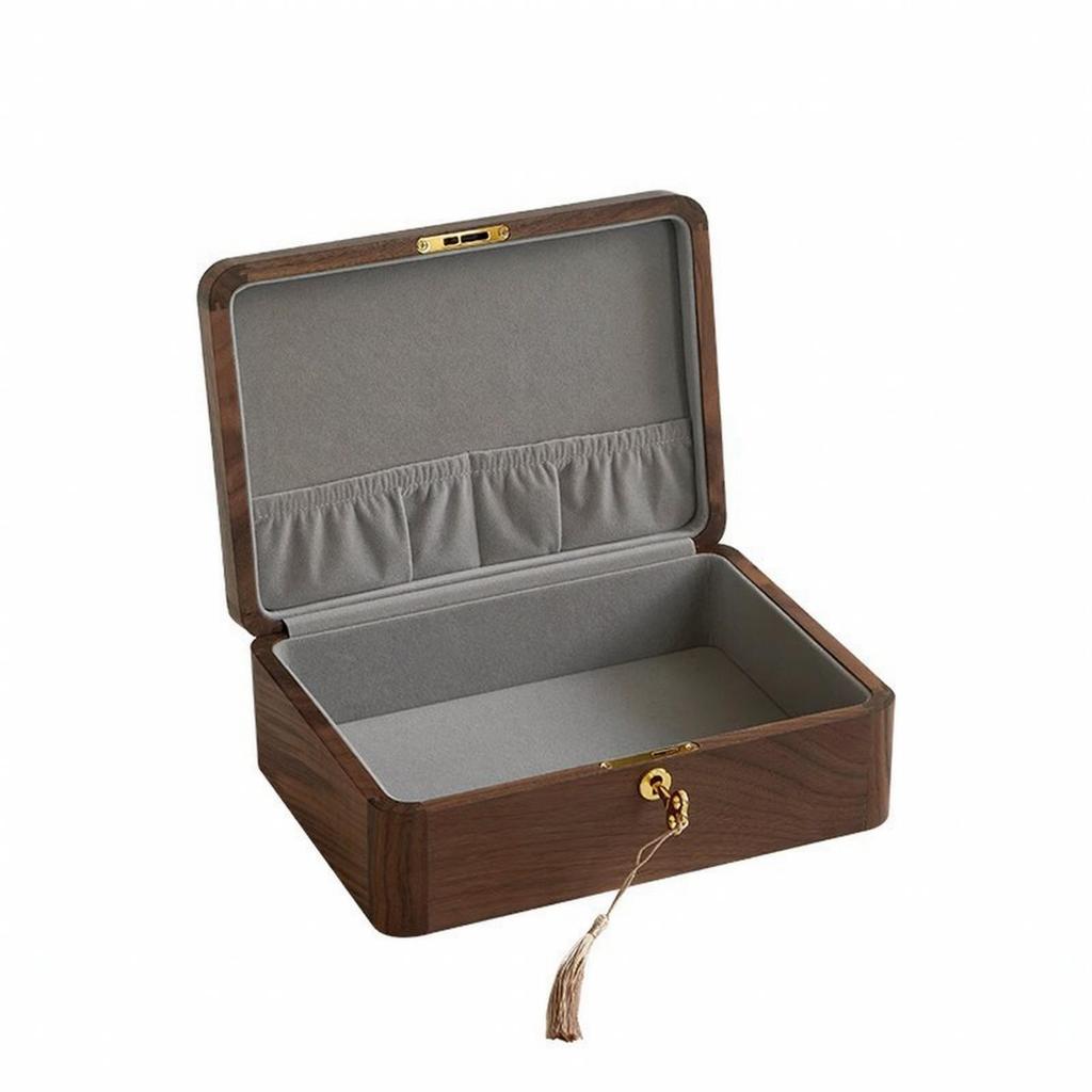 Dust-Proof Walnut Jewelry Box with Hinged Lid Sturdy Lockable Storage
