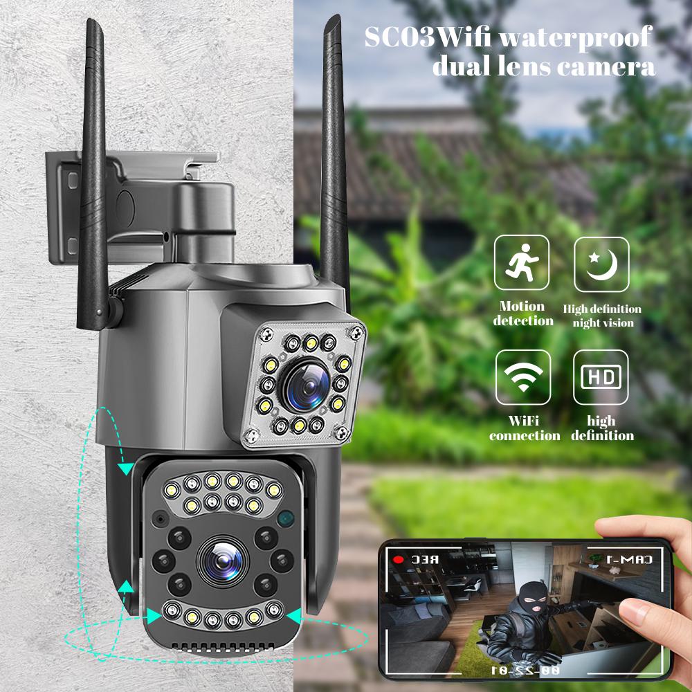 Wifi Waterproof Dual-Lens Camera Outdoor 4MP PTZ Human Detection Color Night Vision Security Camera with Dual Screen Surveillanc