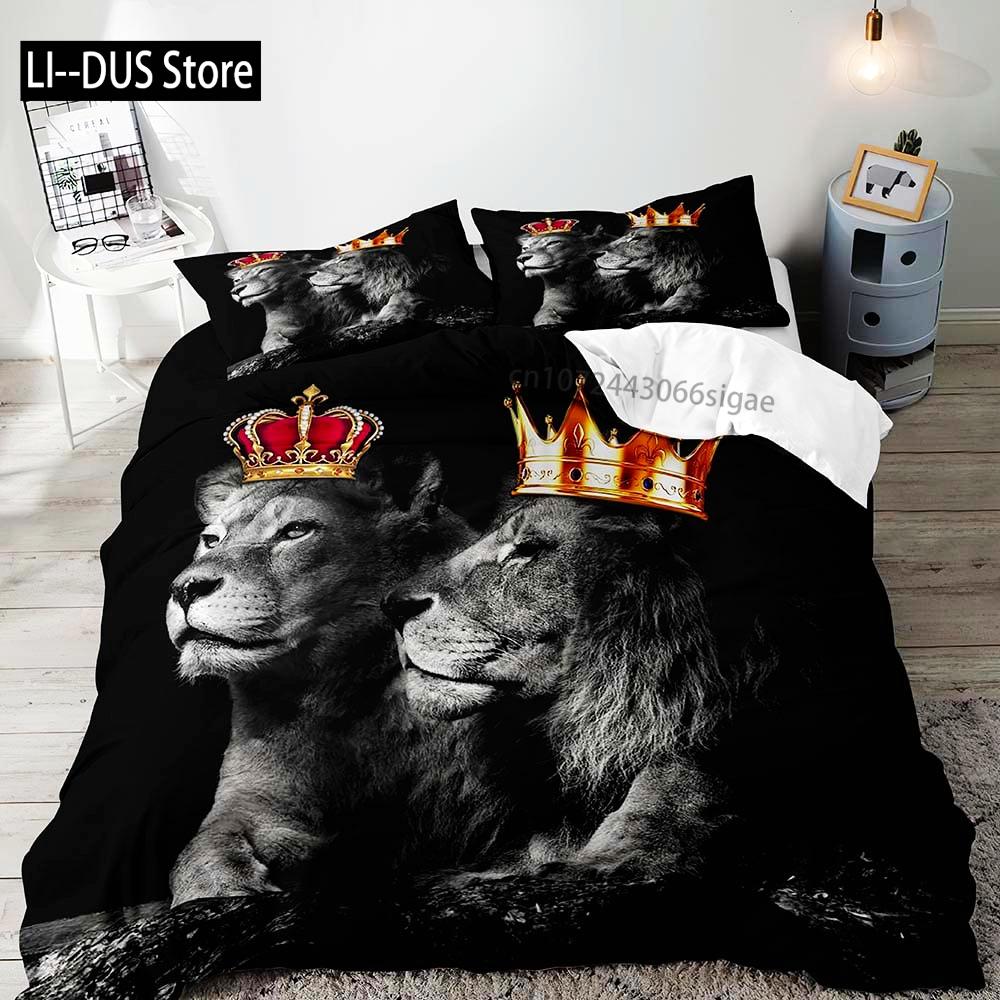 3PCS Lion King & Queen Bedding Set African Safari Animal Black Bedding Comforter Cover Bedroom Decor for Couples Full Size