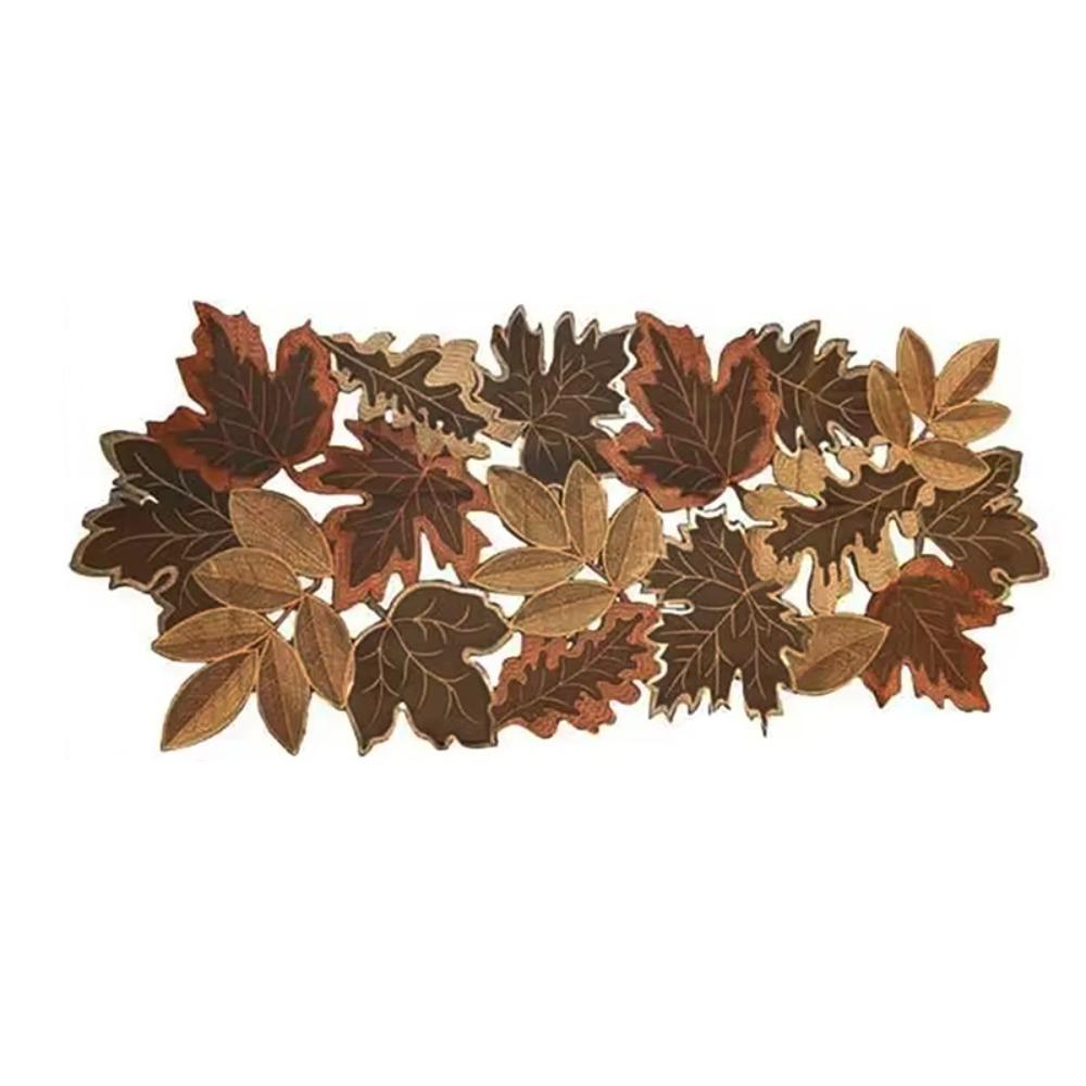 Rustic Style Maple Leaf Embroidered Table Runner Hollow Design Decorative Autumn Harvest Table Mat Brown Rectangular Table Liner