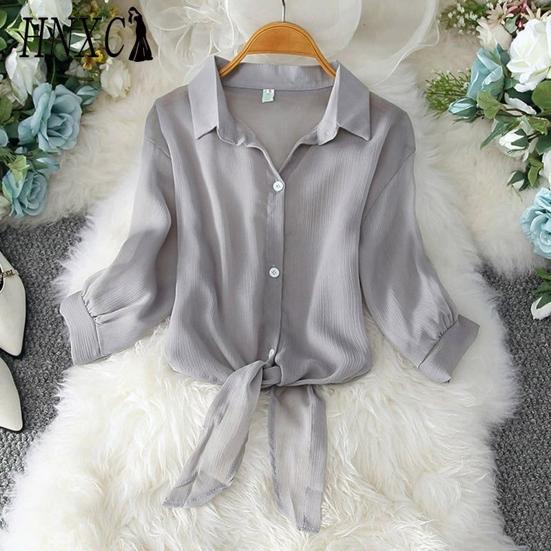 

HNXC Женские модные повседневные блузки и рубашки с принтом однотонного цвета, с длинным рукавом и воротником поло M серый