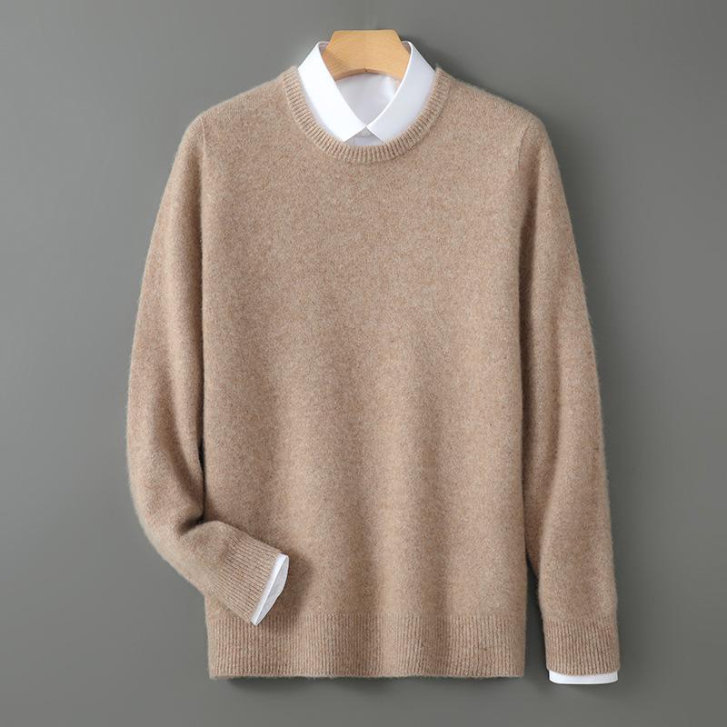 Men's 100% Australian Wool Round Neck Sweater - Skin-Friendly Business Casual Knitwear for Autumn/Winter.