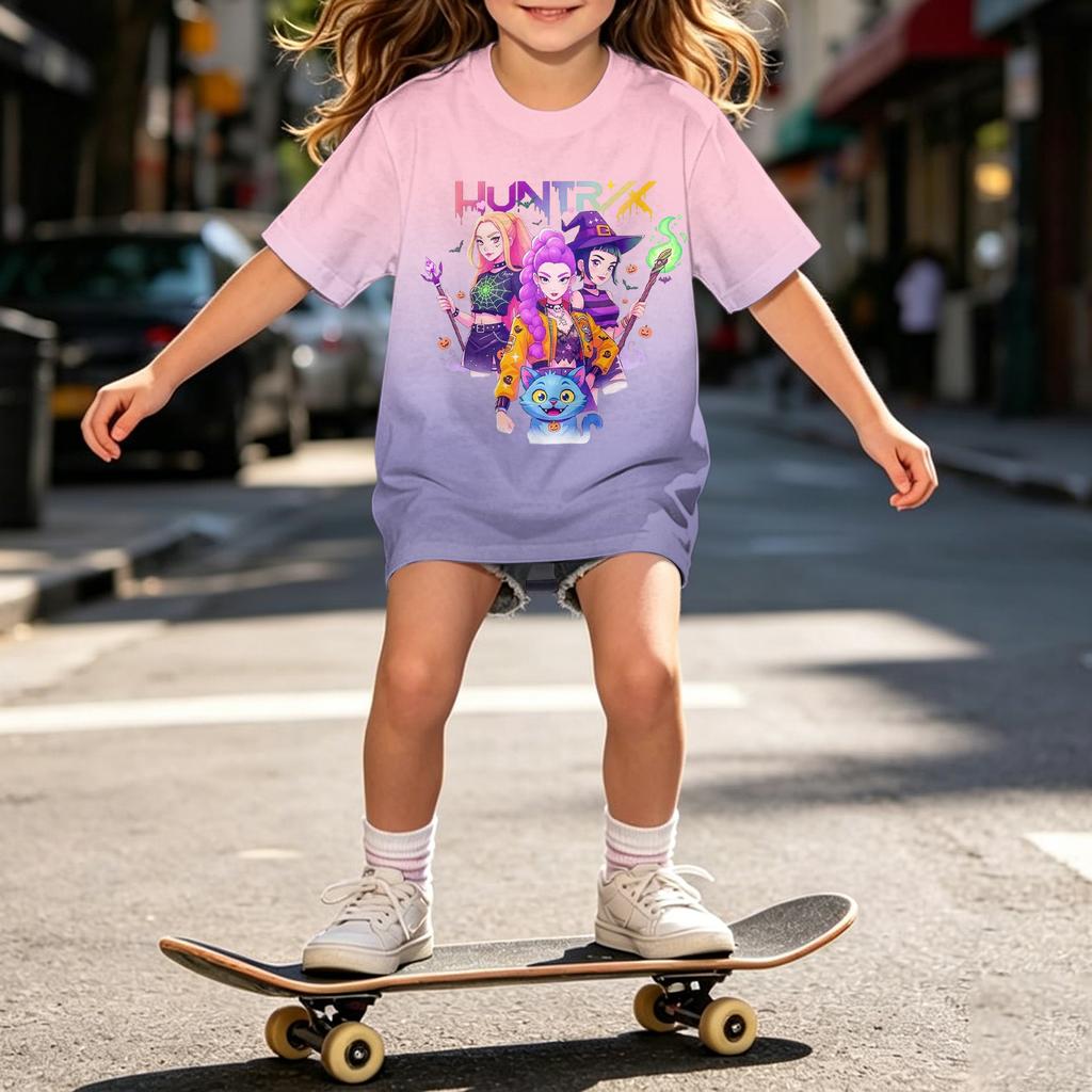 Girls Loose Fit Short Sleeve T Shirt Halloween Inspired Demon Hunter Print Casual Comfortable Top for Kids