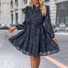 Russian women's spring new European and American long-sleeved lace perspective jacquard dress