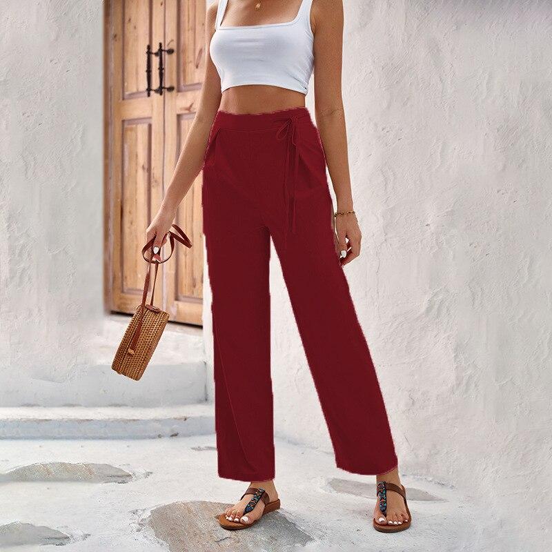 Office-lady Solid Straight Pants Women Casual High-waisted Pants Spring And Summer  Fashion Loose Lace-up Trousers Spodnie 26528