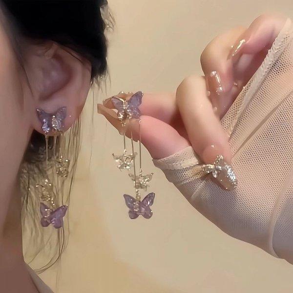Elegant Purple Glass Butterfly Long Tassel Earrings for Women Delicate Rhinestone Crystal Insect Earrings Luxury Party Jewelry