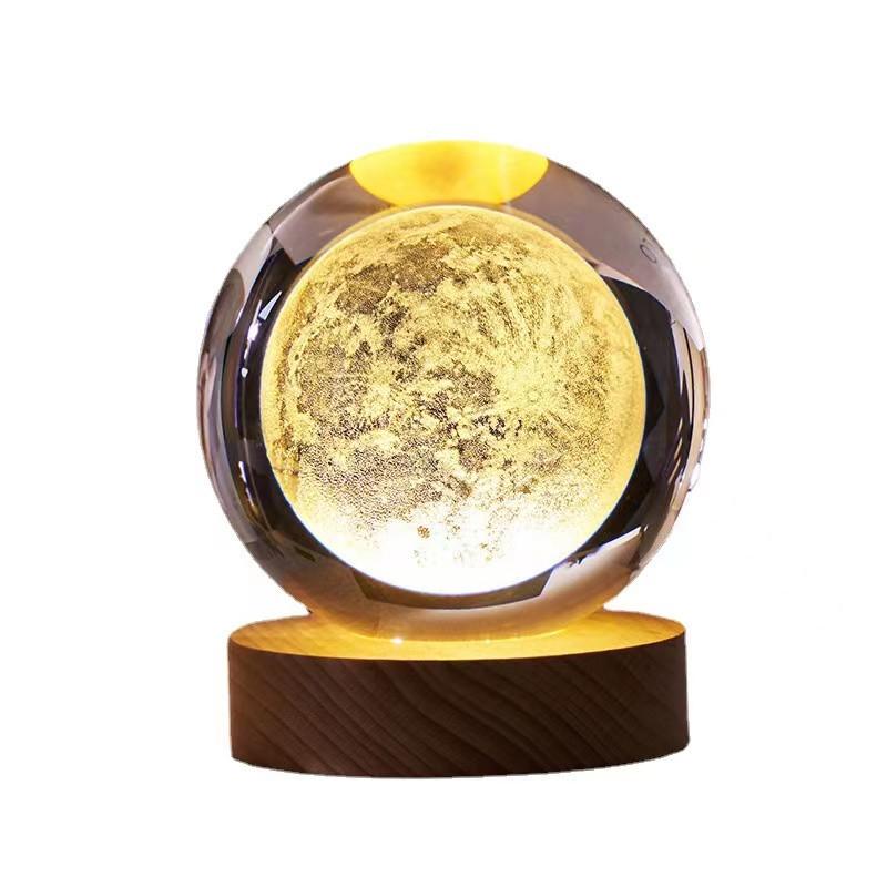 Crystal Ball With Wood Stand Laser Engraved 6CM Glass LED Crystal Ball Souvenir Gifts Home Decor Star Moon Night Light