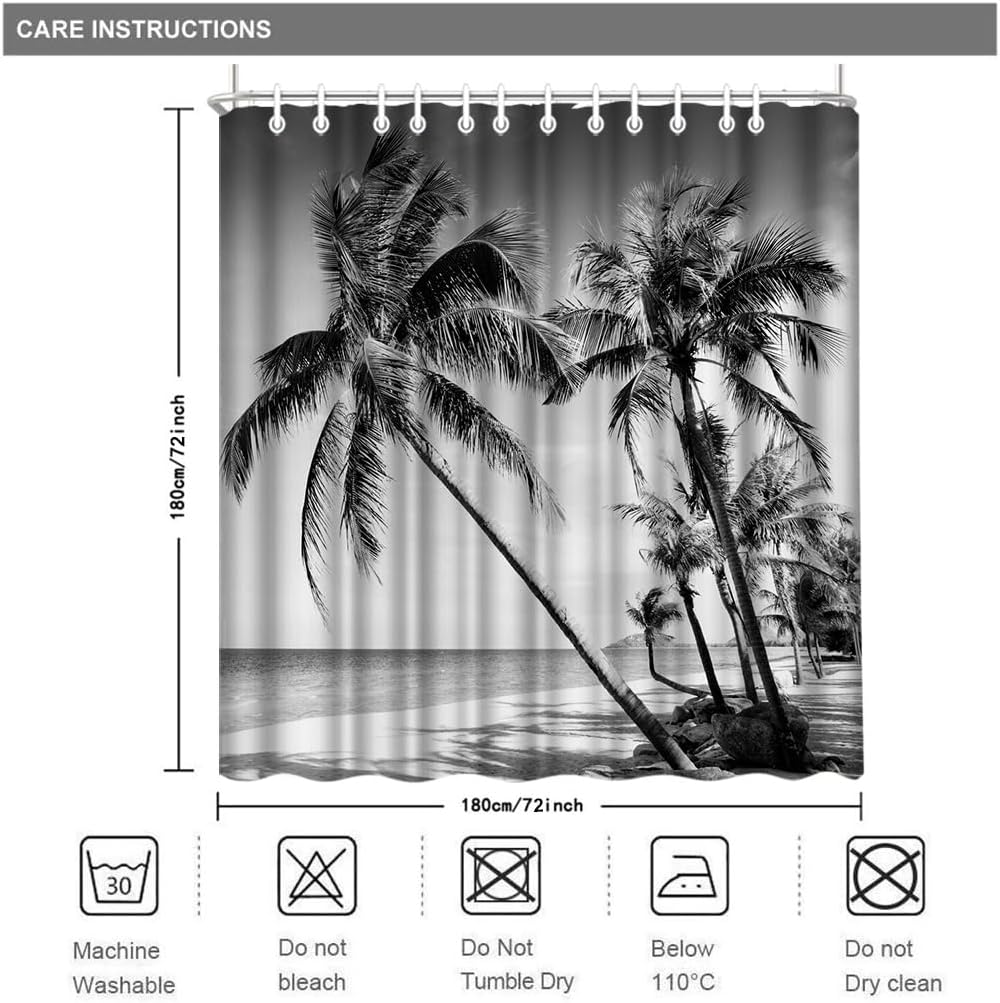 Beach Shower Curtain Tropical Palm Tree Landscape Black And White Waterproof Fabric Curtain Decoration With 12 Hooks