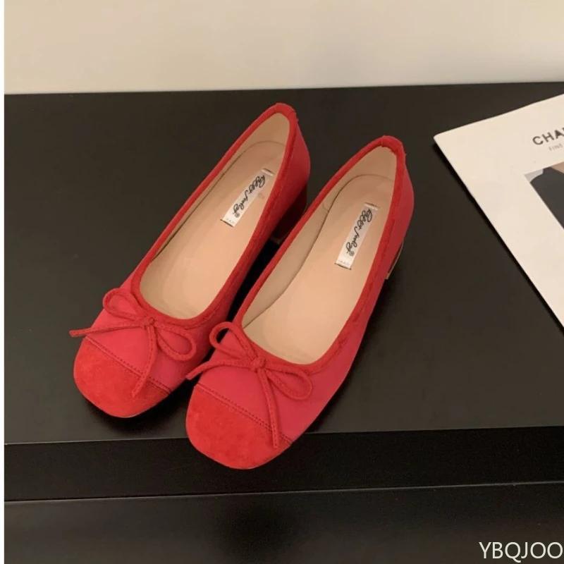 Ladies New Mary Jane Flats Retro Ballet Red Single Shoes Bow Shaped Elegant Women's Shoes Light Comfortable Flat Mujer