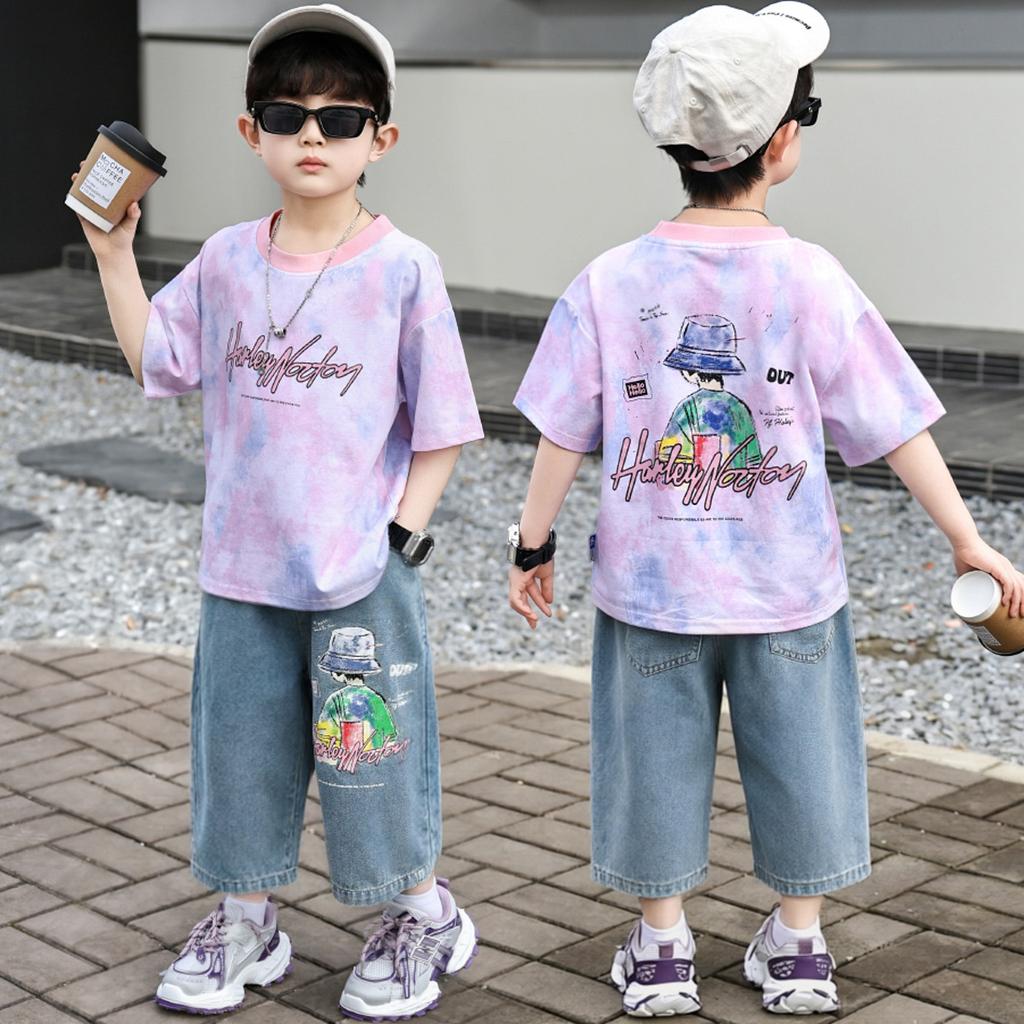 Boys' Summer Short Sleeved Set 2026 New Fashionable Children's Summer Dress Boys' Baby Jeans Two Piece Set Trendy