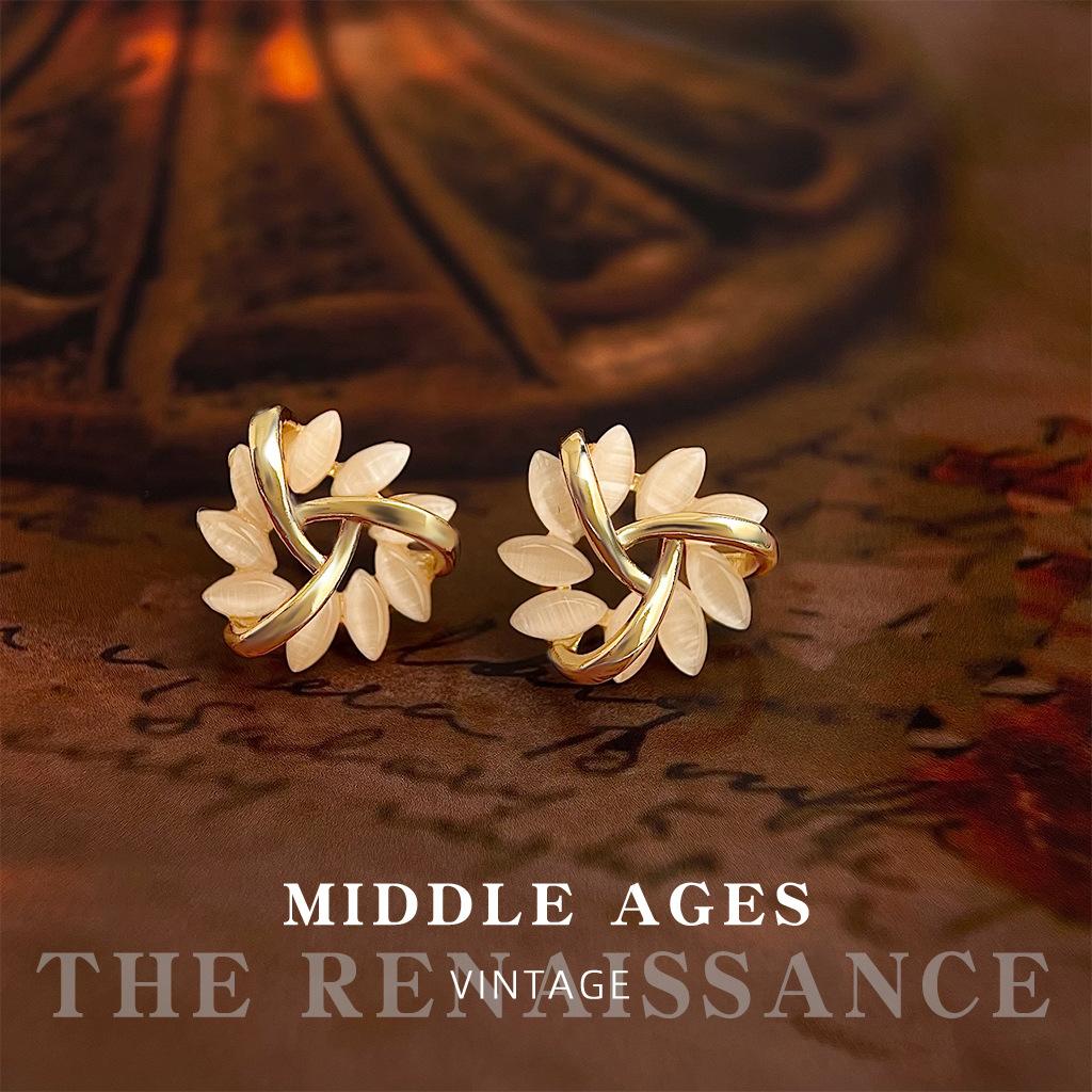 Medieval glass opal geometric stud earrings French retro ring petal earrings light luxury earrings