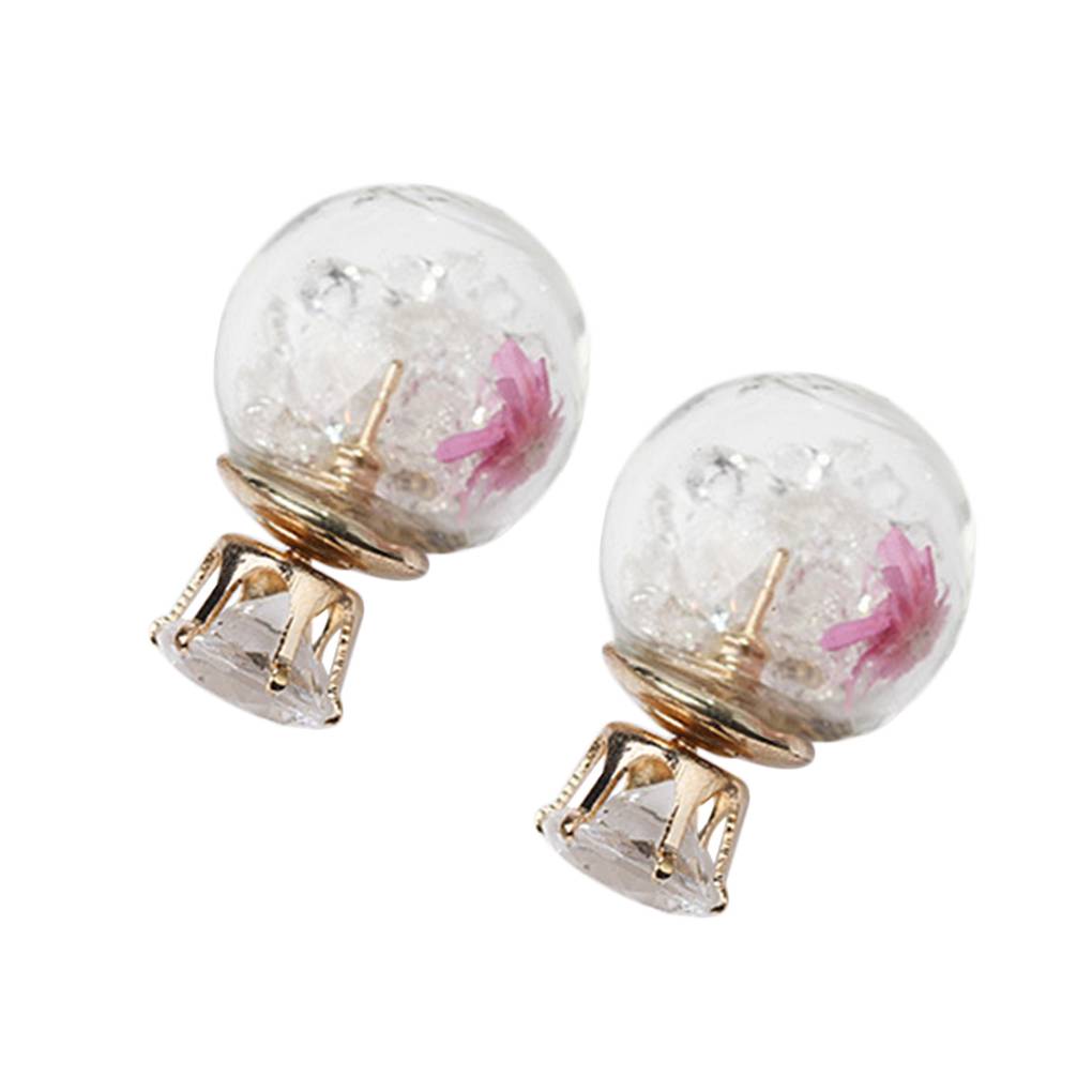 Women Girls Double Side Dry Flower Rhinestone Glass Stud Earrings Crystal Ball Ear Pin Jewelry Accessories
