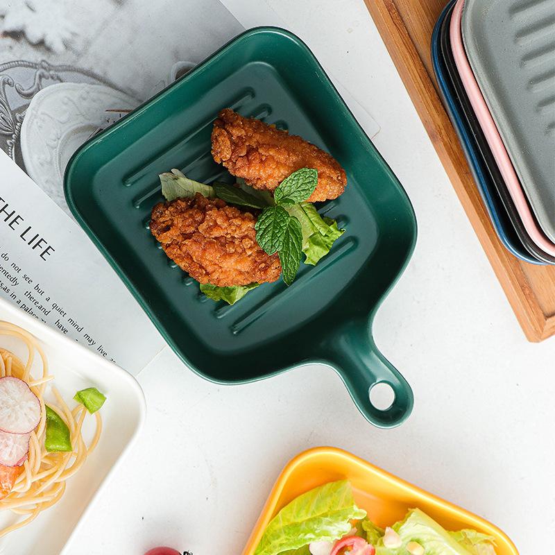 Color Glaze Oven Cheese Baking Tray Single Handle Restaurant Ceramic Dish Baking Baked Rice Tray Tableware Square Tray Household