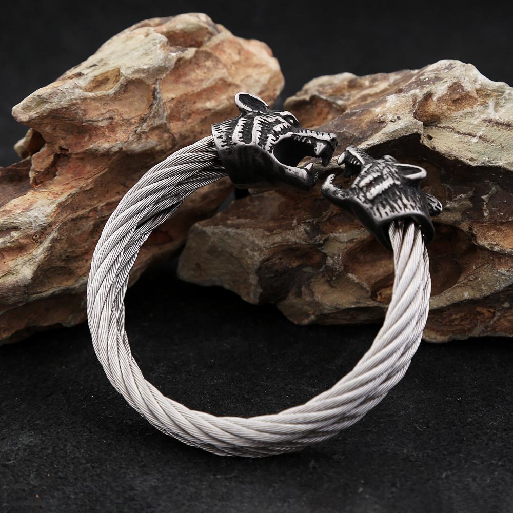 Retro Viking Double Wolf Head Bracelet for Men Punk Stainless Steel Twisted Cable Open Cuff Bangle Bracelet Dropshipping