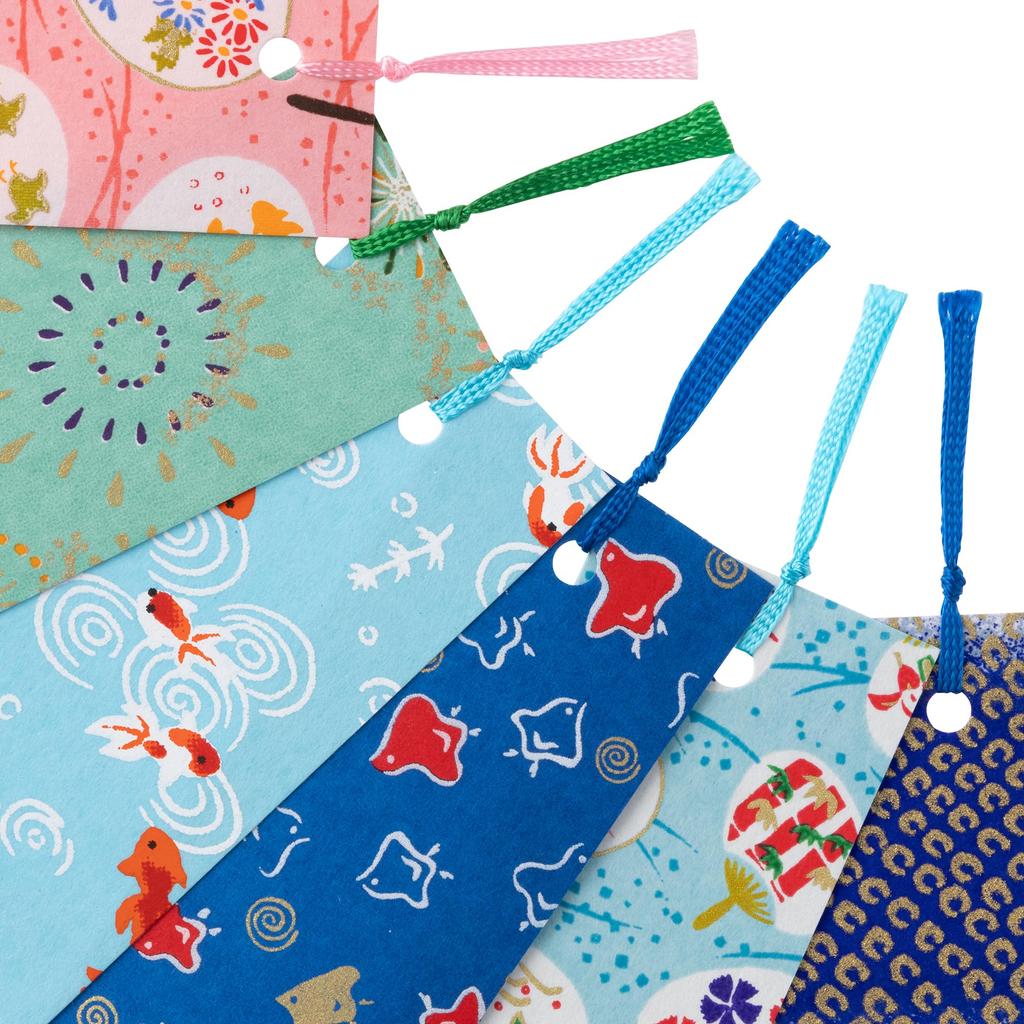 Kawasumi Washi Yuzen Washi Bookmarks in Green with Summer Pattern Stencil-Dyed (6 Sheets)