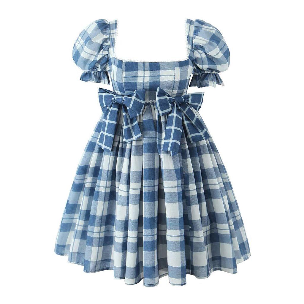 French Summer Plaid Puff Dress with Bow Tie and Short Sleeves
