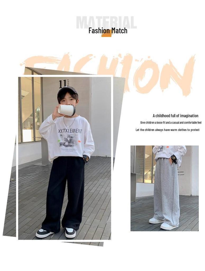 Boys' Fleece-Lined Wide-Leg Pants for Autumn/Winter - 2025 New Style Sportswear for Older Kids