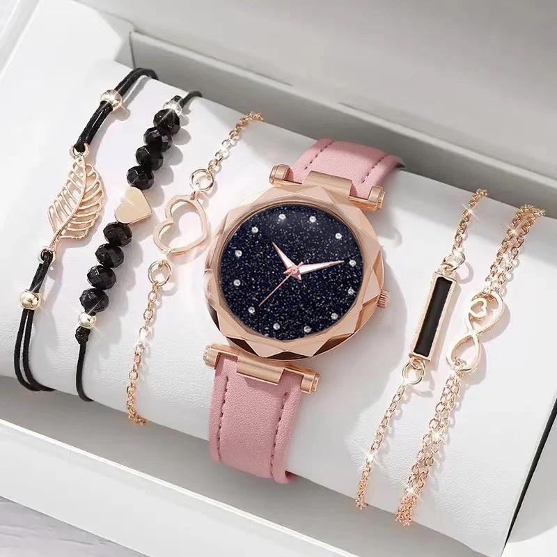 Fashionable Simple Trendy Round Dial Leather Strap Women's Quartz Watch Bracelet Set for Christmas and Thanksgiving Gifts