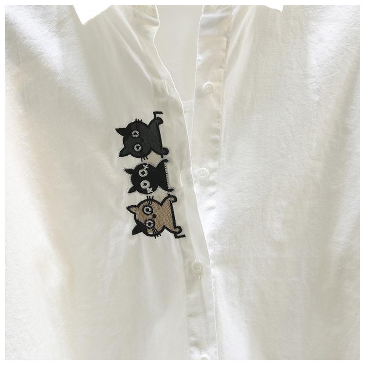 Cămașă de damă cu mânecă lungă din bumbac pur, cu broderie pisică - Top versatil casual de toamnă
