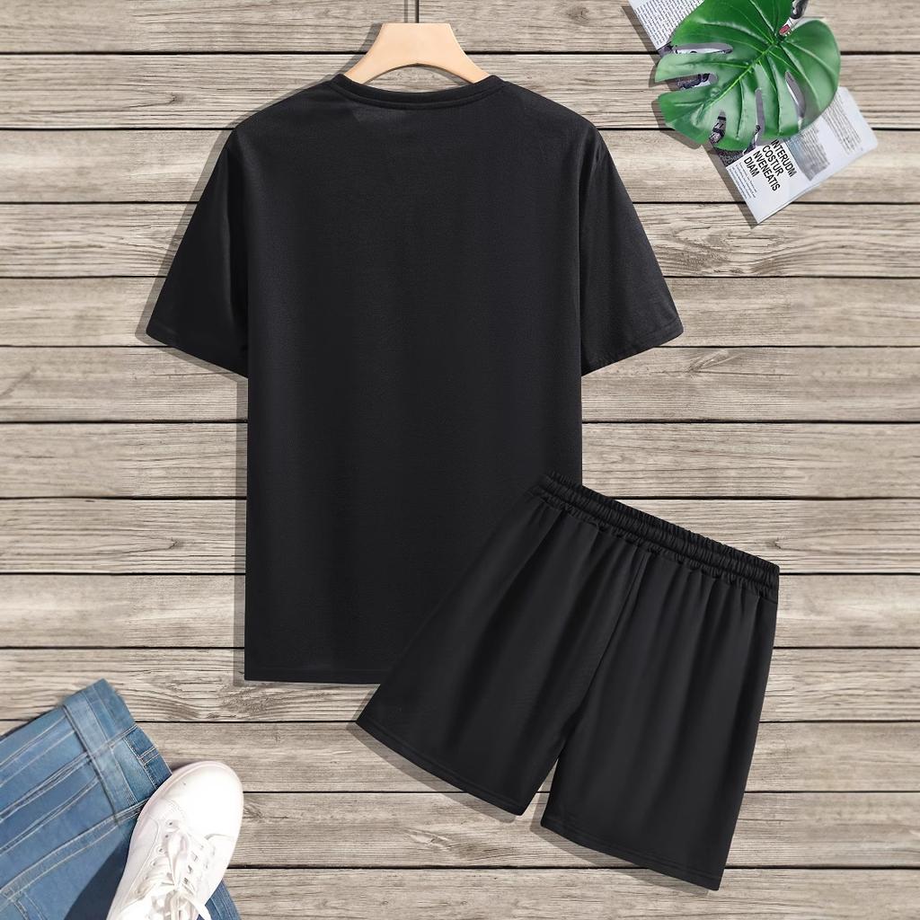 Men's Summer Black Trend American Street Casual Fashion Smiley Face Printed Short Sleeve Shorts Set