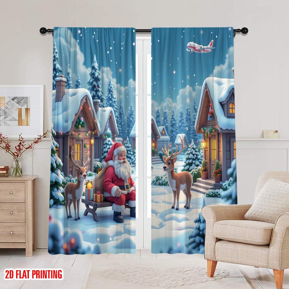 2pcs 2D flat printing Christmas Scene Curtain Christmas Celebration Winter Scene 100% Polyester Fabric Without Electricity