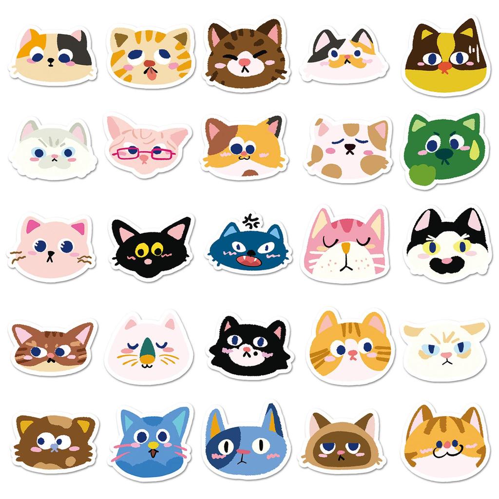 50 Cute Cat Head Cartoon Stickers for Phone, Journal, or Thermos Cup