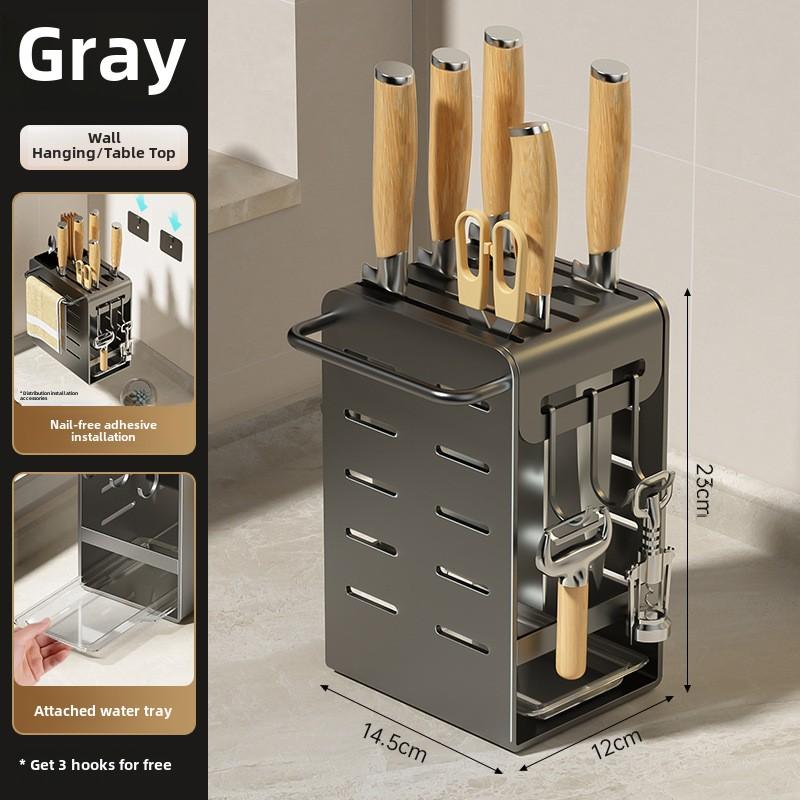 Kitchen Wall Mount Knife Holder Organizer Rack with Chopstick Storage and Dish Drying Tray, No Drilling Required