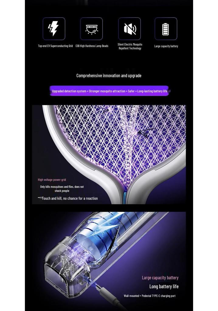 Wall-Mounted 3-in-1 Purple Light Electric Mosquito Swatter: Handheld, Electric Shock, Insect Attracting Killer Lamp