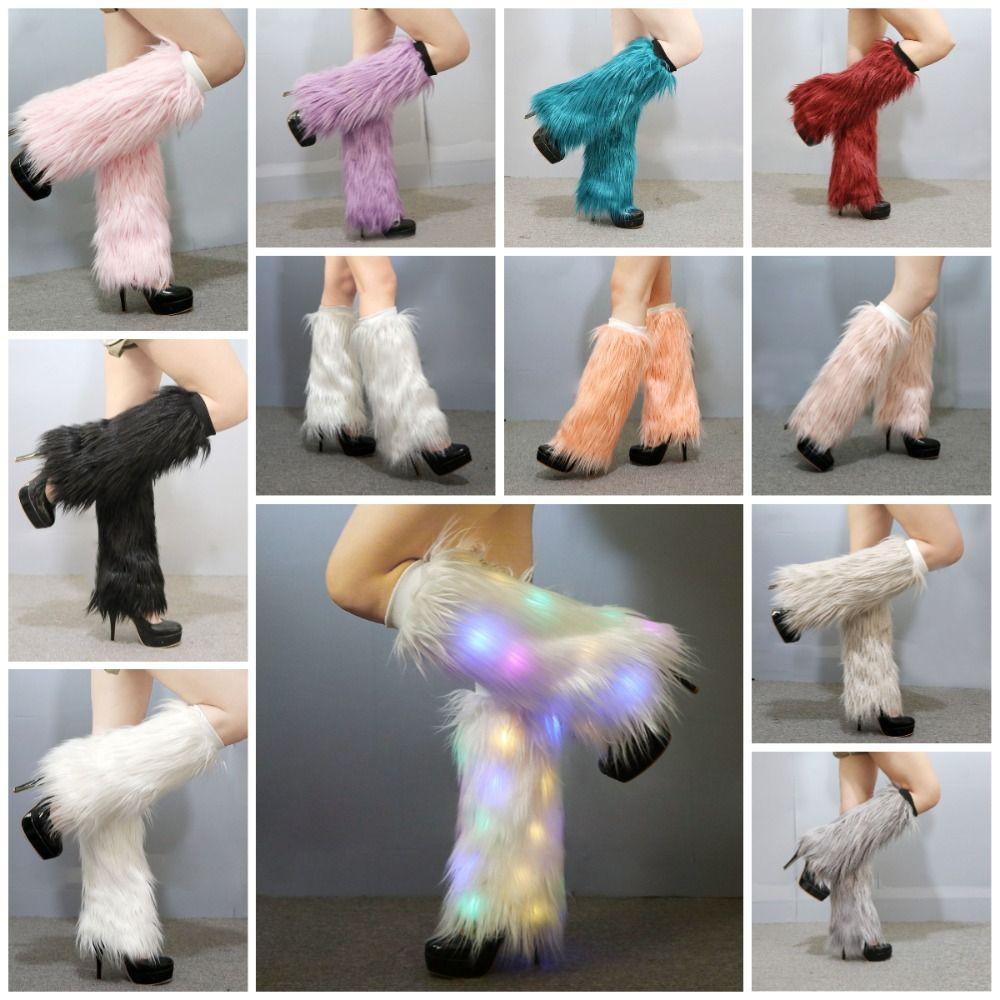 Harajuku Style Faux Fur Furry Leg Warmers Japanese Style 40cm Lolita Boots Cover Light Up Solid Color Warm Knee Sleeve Women