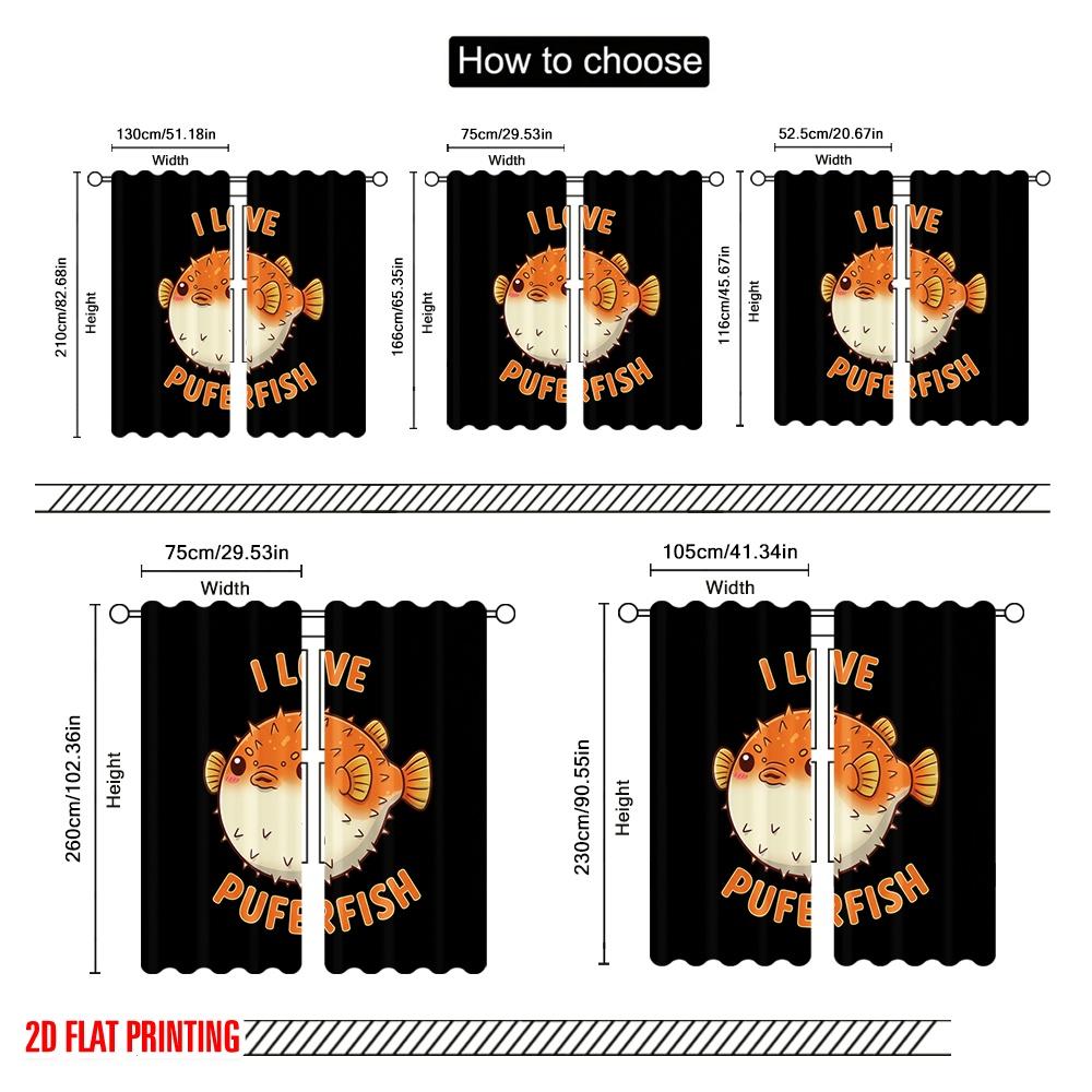 2pcs 2D Flat Printing Window Curtains Cute Pufferfish Design Polyester Without Electricity Birthday Party for All Season