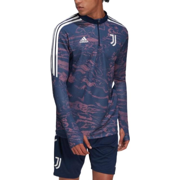 Adidas Logo Print Side Stripe Half-Zip Long Sleeve T-Shirt Men Tops Blue HC3283