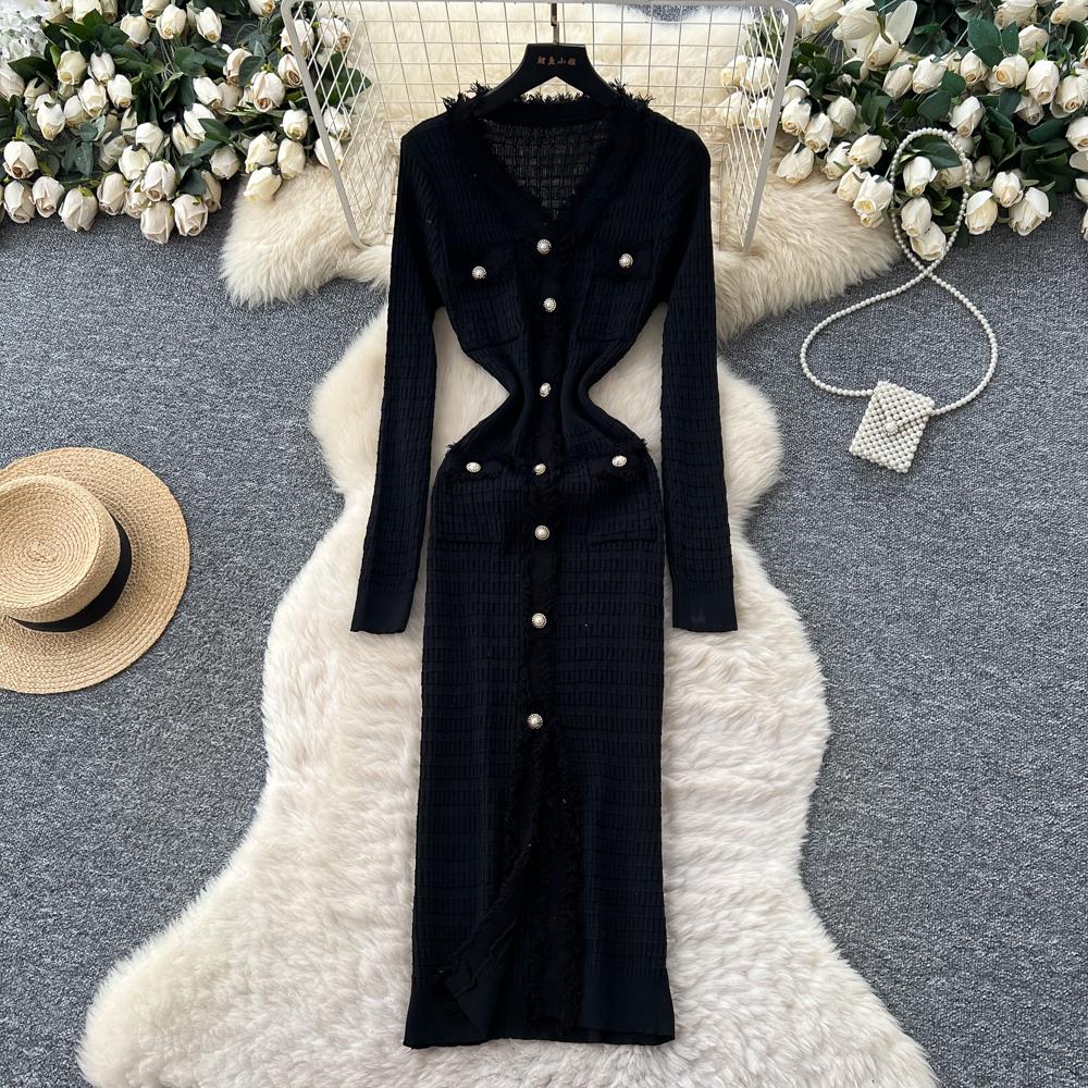 Neue Damenkleider Herbst Winter Vintage Patchwork Strick-Midikleid Elegant V-Ausschnitt Damen Rüschenhemd Pulloverkleid