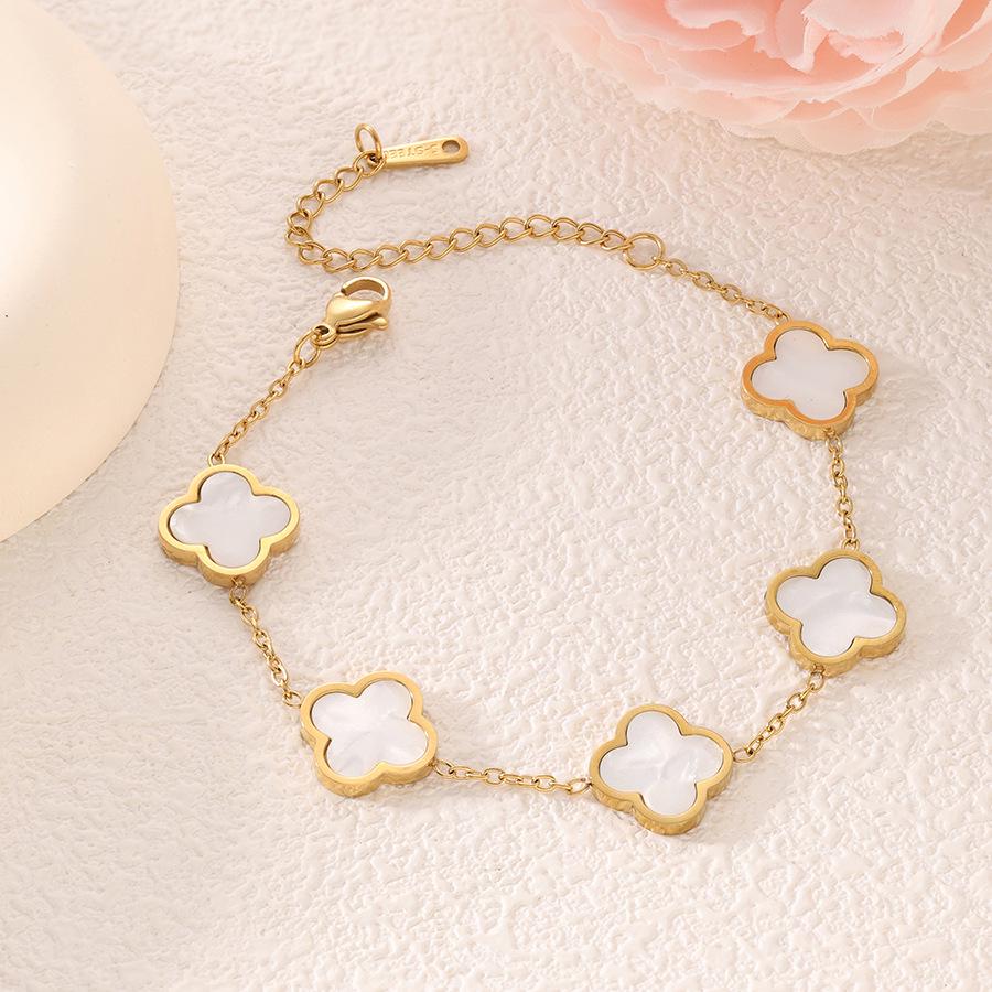 18k Gold-Plated Titanium Steel Four-Leaf Clover Bracelet with Mother-of-Pearl for Women