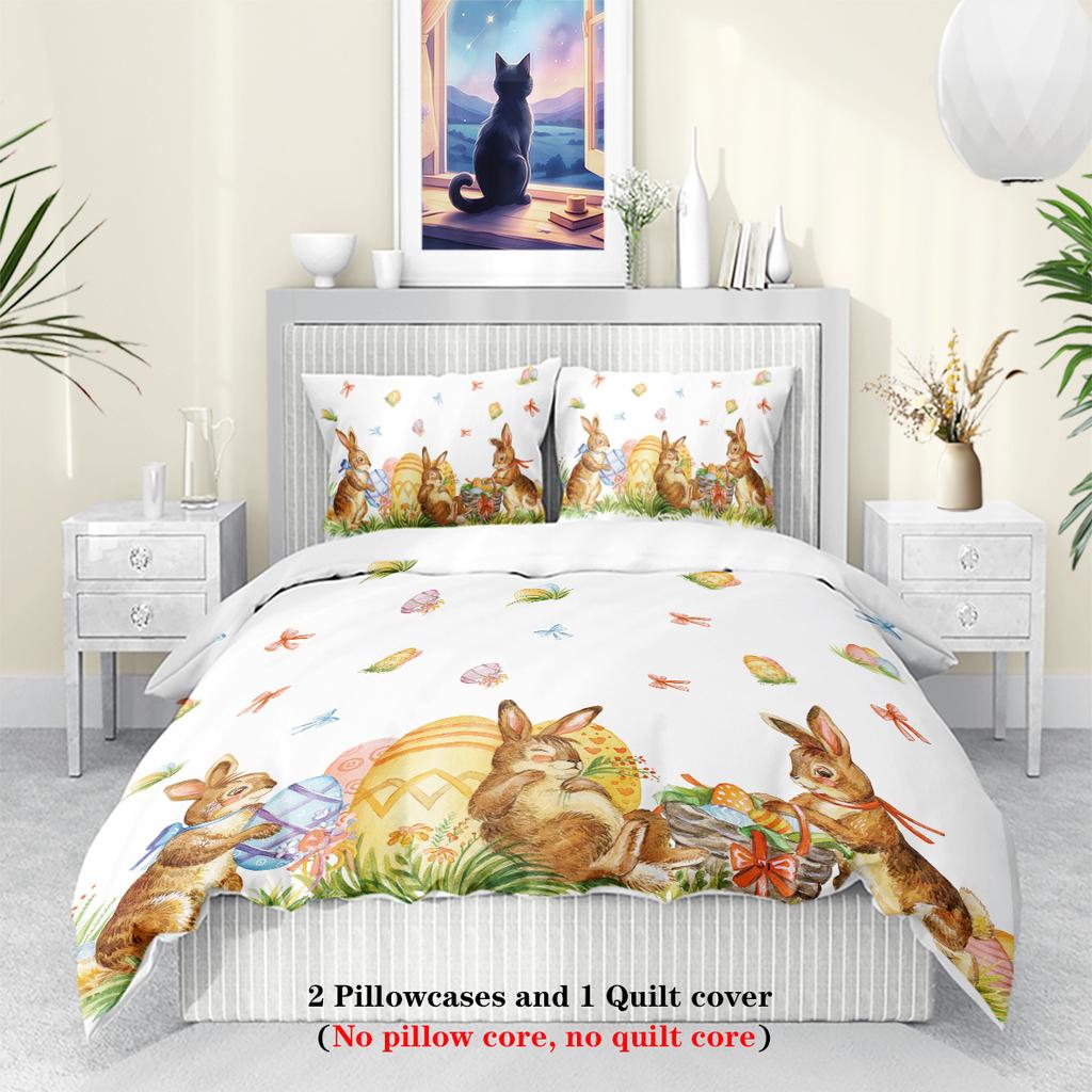 3-teiliges Cartoon Happy Easter Musterdruck Bettbezug-Set, Weich, Bequem und Atmungsaktiv Bettwäsche-Set, für Schlafzimmer, Gästezimmer, Hotel