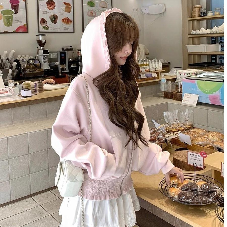 Zipper Cardigan Jacket Women's Sweet Pink Hoodies Woman Tops Ruffles Spring Autumn Sweatshirts Hooded