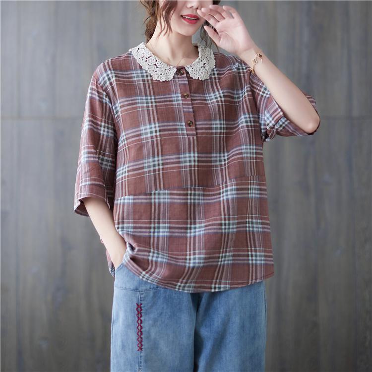 

MOJTA Блузка с короткими рукавами, свободная рубашка в клетку с лацканами, женская футболка с принтом one size розовый