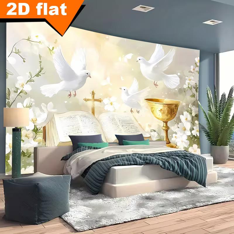 Christian Faith Backdrop, Bible, Chalice and Doves with White Flowers for Religious Ceremony Decor