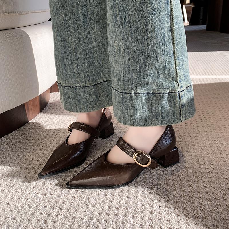 Fashion 2025 Spring New Low Heel Shoes Women's Pointed Head Shallow Mouth Metal Buckle Soft Sole Non-slip Low Top Shoes