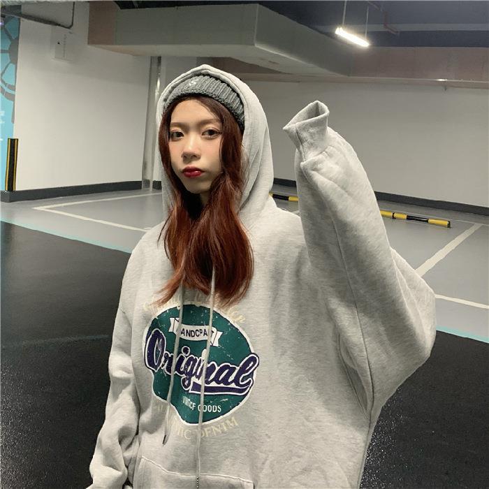 Women's Hooded Long Sleeve Sweatshirt Loose Fit Vintage Letter Printed Pullover Hoodie Couple Autumn Daily Outerwear