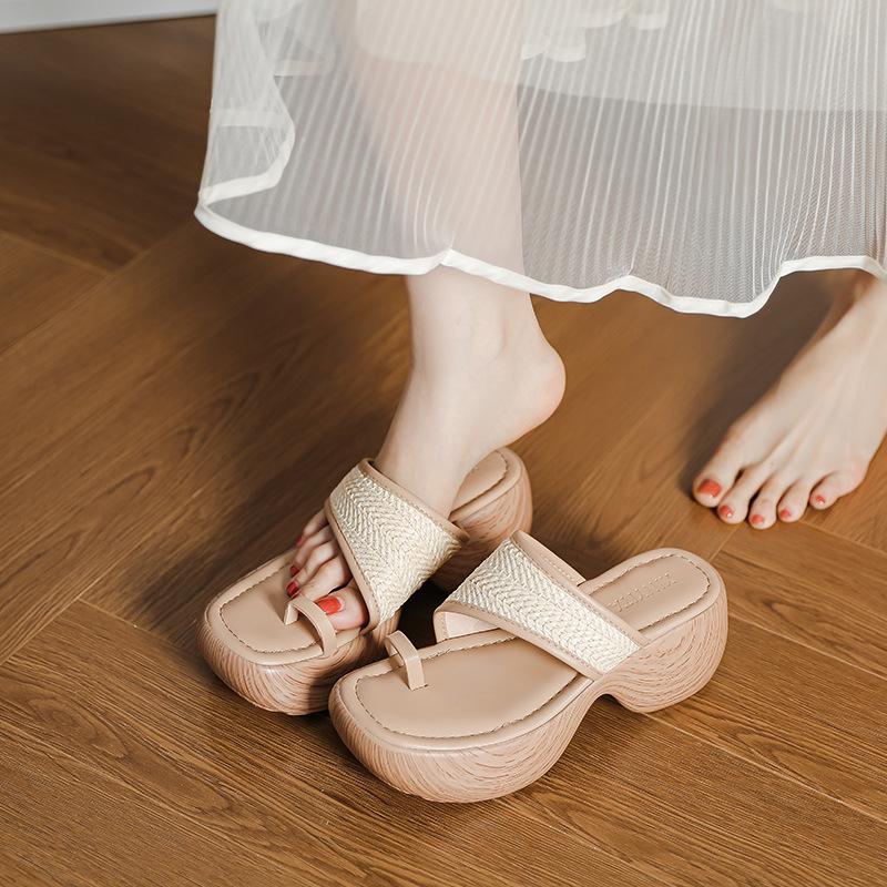French Retro Platform Cover Toe Slippers Women's Outer Wear Summer New Straw Heel Casual Muffin Sole Sandals Women